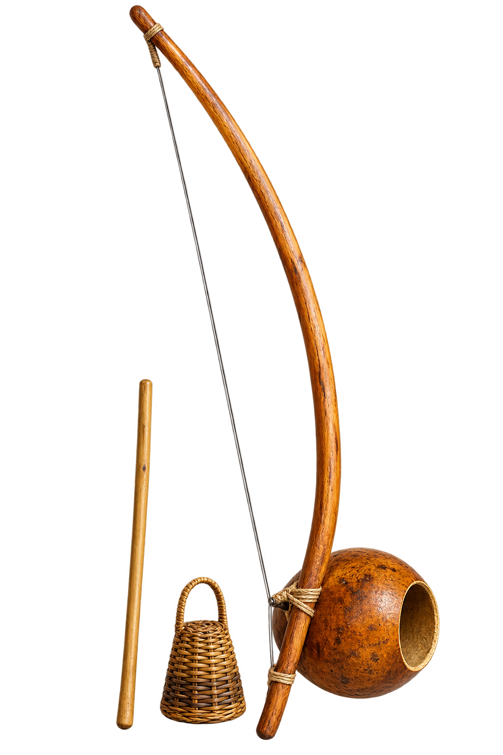Illustration of a berimbau, caxixi and baqueta