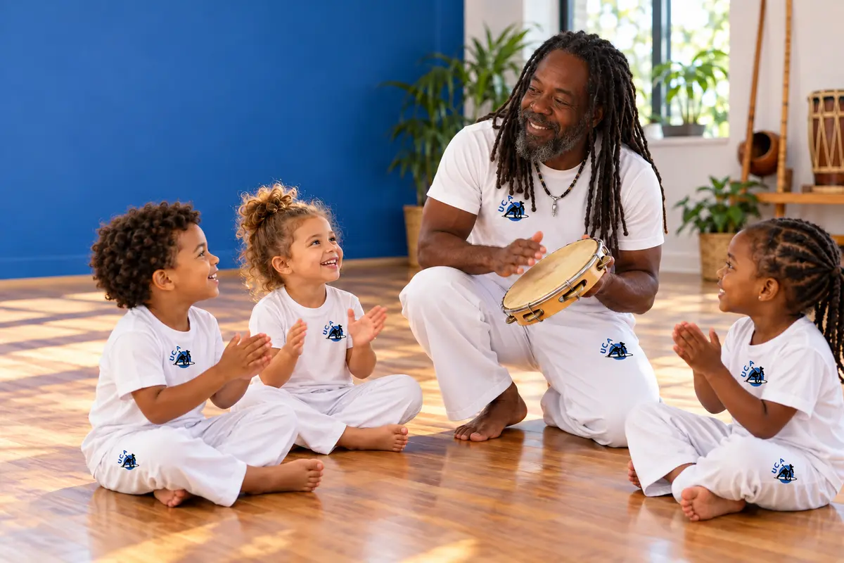 Illustration of preschool children clapping with a Capoeira teacher and pandeiro