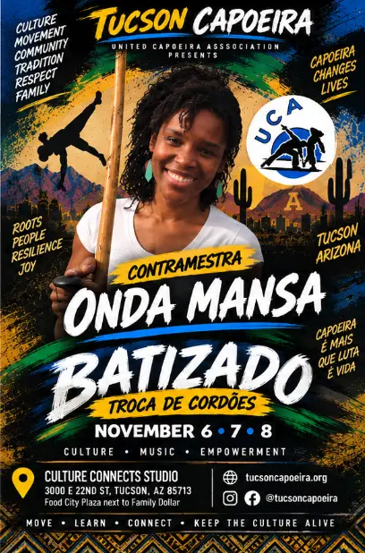 2026 Tucson Capoeira guest flyer featuring Contramestra Onda Mansa